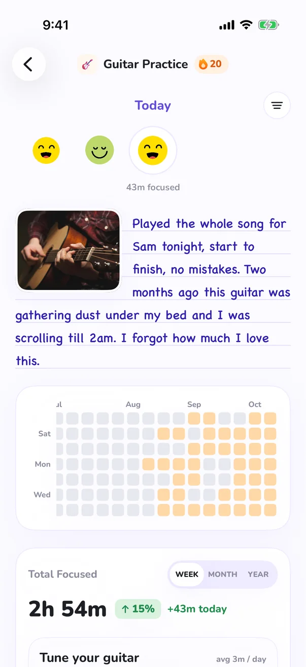 Dear Brain's Guitar Practice page: today's memory with a photo of the guitar and a note about playing a whole song