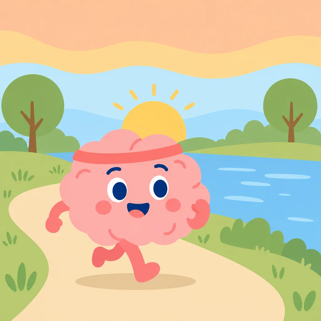 Illustration: a happy brain character jogging along a river at sunrise
