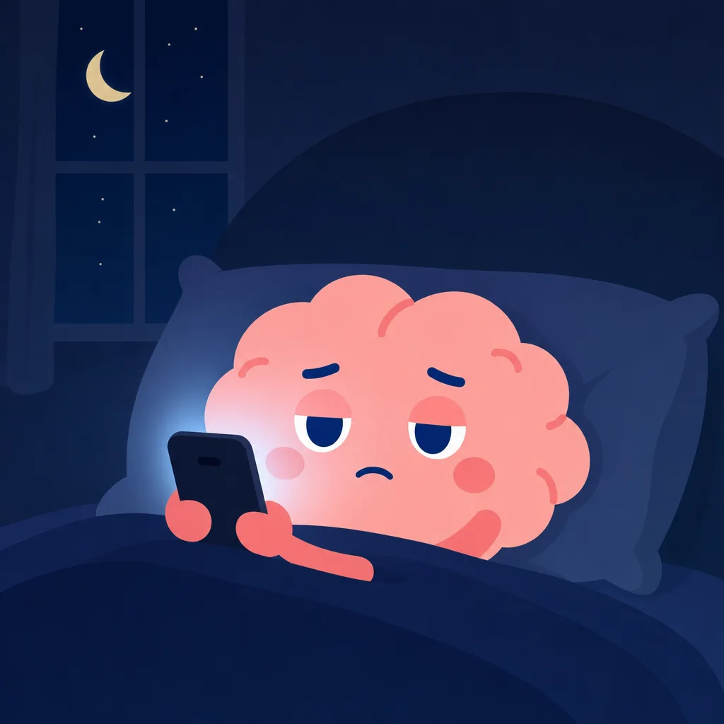 Illustration: a tired brain character lying in bed late at night, lit only by its phone