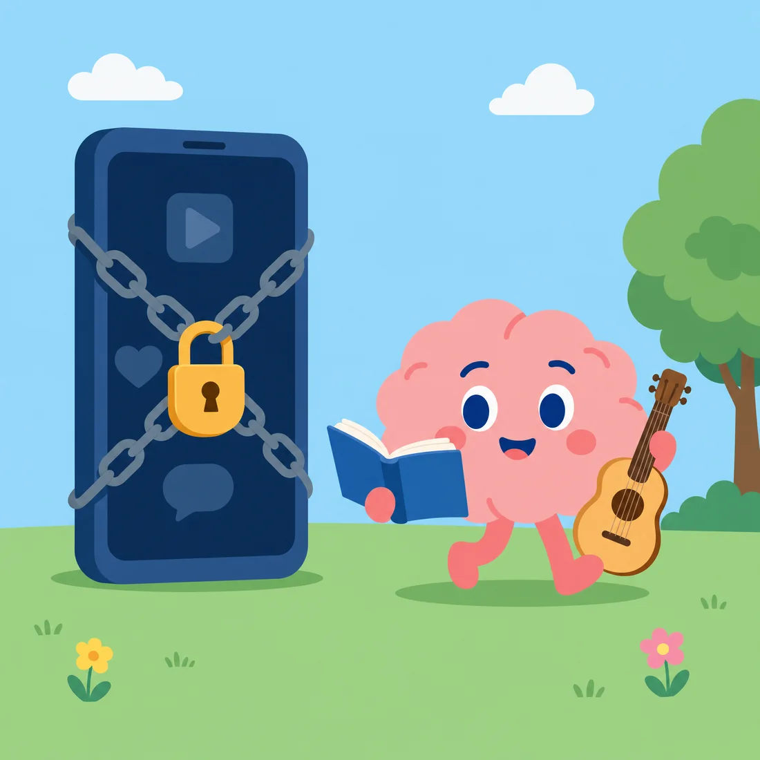 Illustration: a giant phone locked shut with a chain and a padlock, while a happy brain walks away holding a book and a guitar