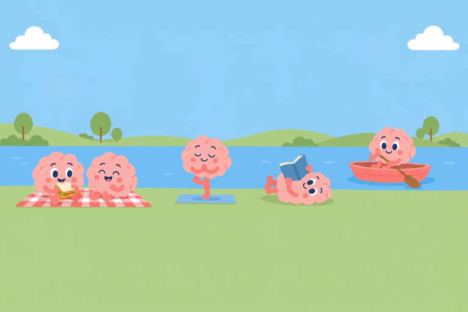 Illustration: brain characters enjoying a sunny afternoon by a lake, two sharing a picnic, one doing yoga, one reading on the grass, one rowing a boat