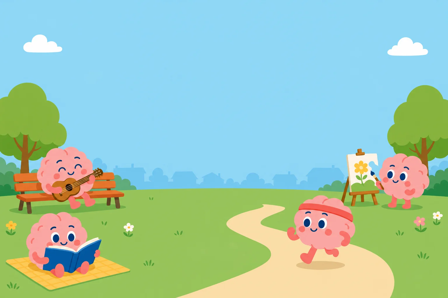 Illustration: pink brain characters in a sunny park, one playing guitar on a bench, one reading on a blanket, one jogging, one painting at an easel